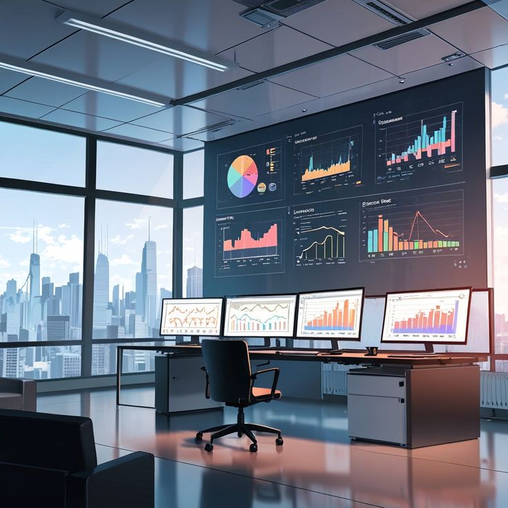 A calm office with computers displaying analysis software